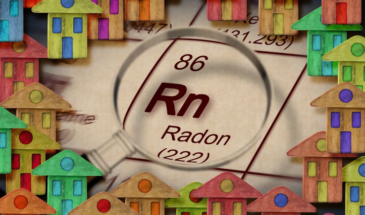 radon periodic table symbol surrounded by colourful houses