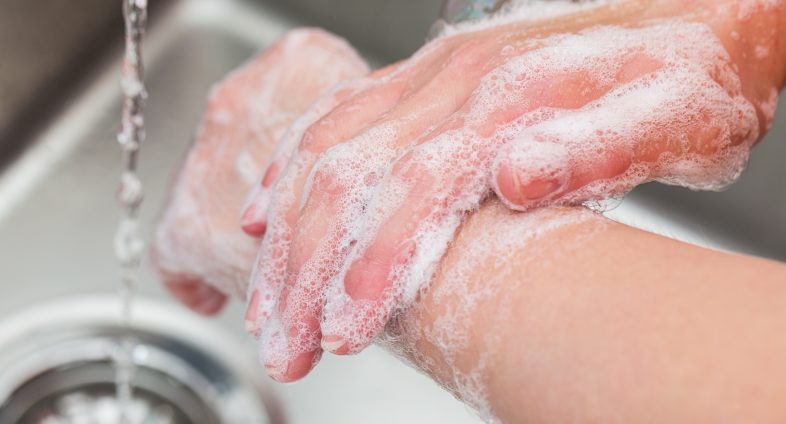 close up of soapy hands being washed