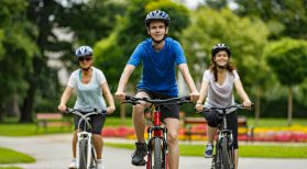 two teens and mom on bikes in park