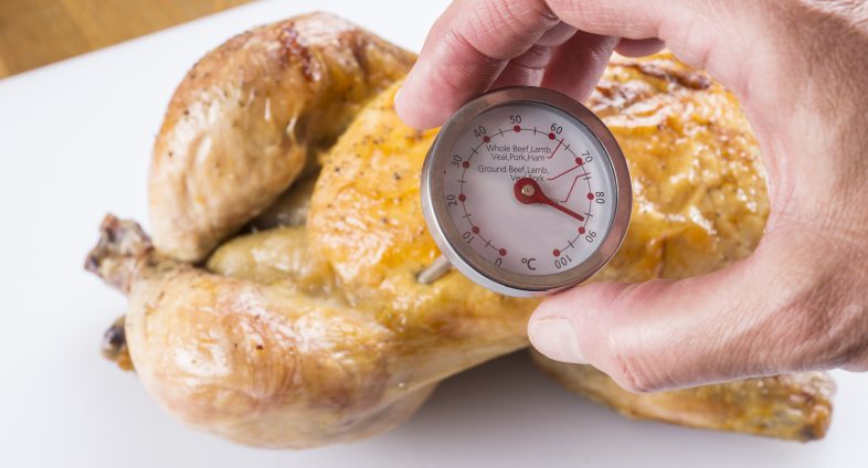 person checking temperature of chicken.