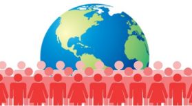 Cartoon image of globe and people holding hands