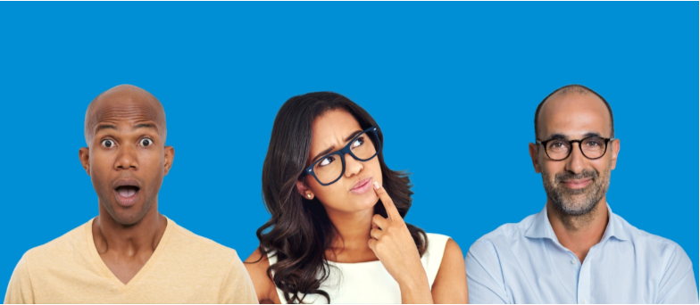 two men and one woman on blue background with different facial expressions