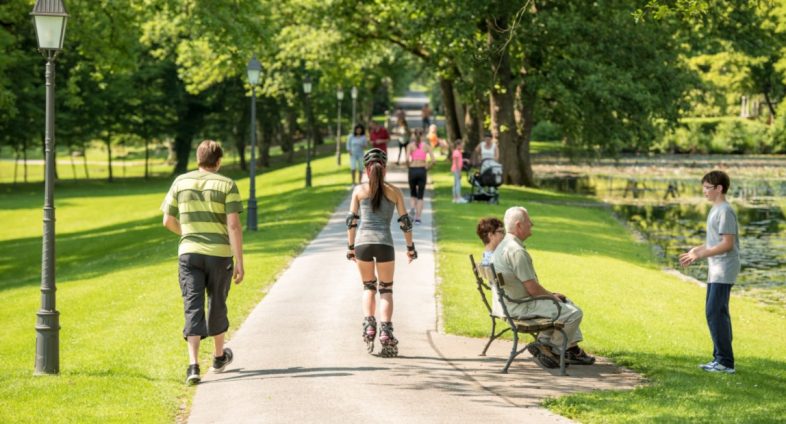 summer park with people walking and sitting